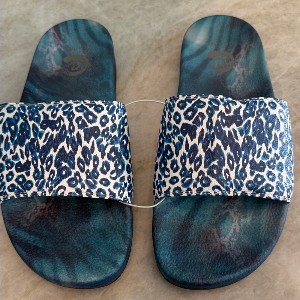 Johnny Waa Leopard Print Slide Sandals in Teal and Navy!